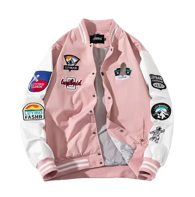 Pink and white jacket with patches