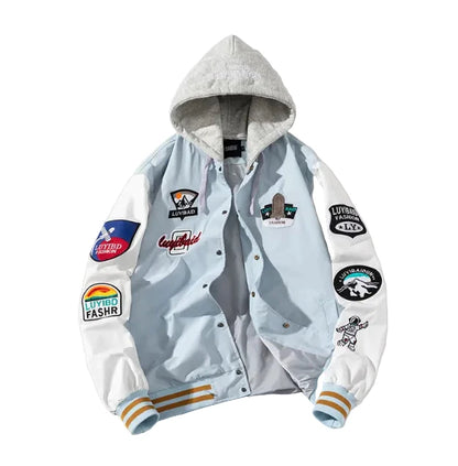 Light blue jacket with various patches 