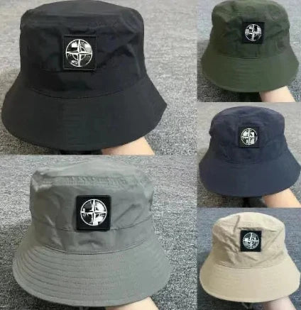 Set of five bucket hats in different colors with a logo on each, displayed against a neutral background.
