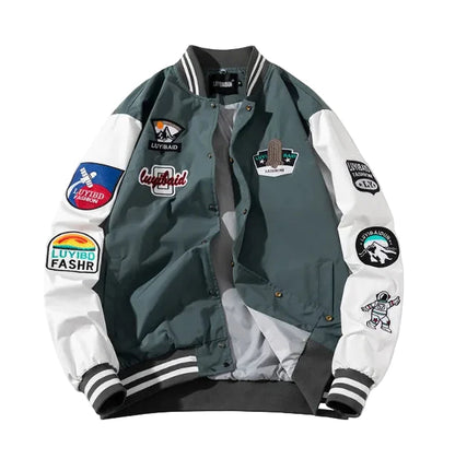 Green and white jacket with various patches 