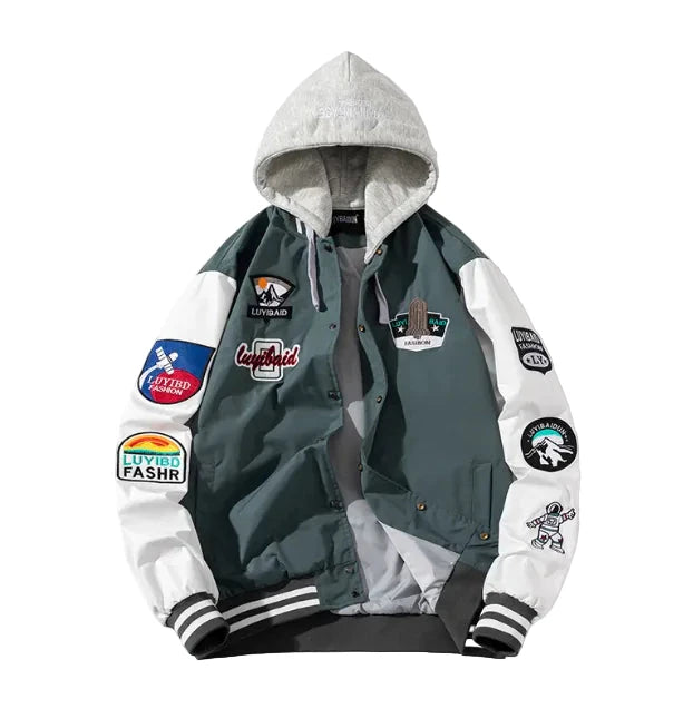 Green and white jacket with various patches 