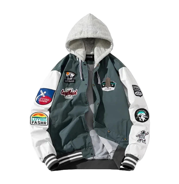 Green and white jacket with various patches 