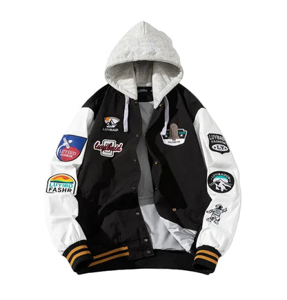 Black and white varsity jacket with patches 