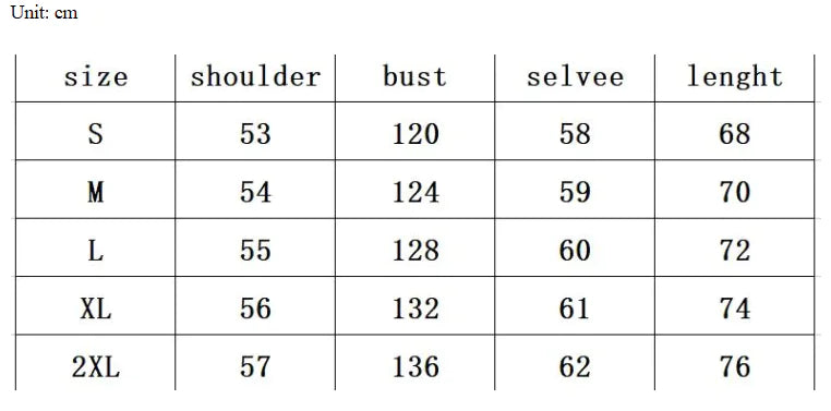 Table showing measurements for different sizes of a garment with units in centimeters.