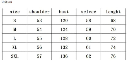 Table showing measurements for different sizes of a garment with units in centimeters.