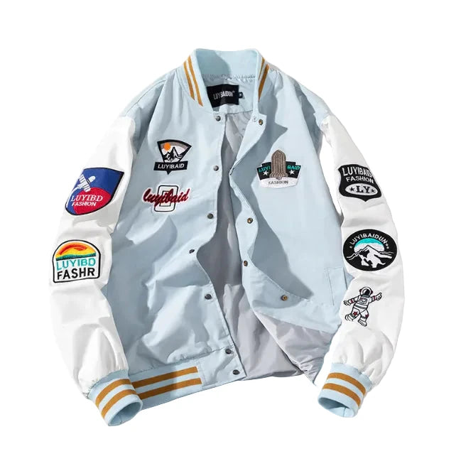 Light blue jacket with various patches 