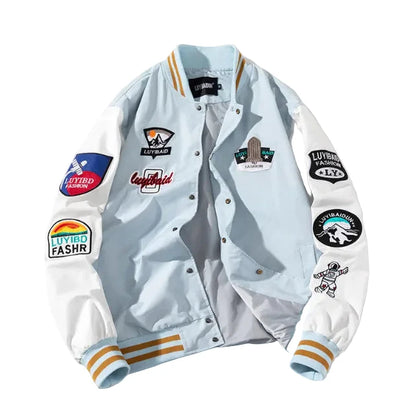 Light blue jacket with various patches 