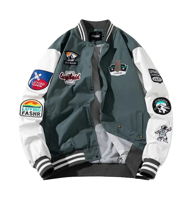 Green and white jacket with various patches 