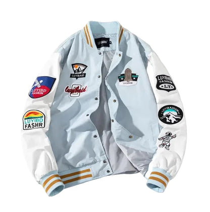 Light blue jacket with various patches
