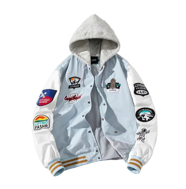 Light blue jacket with various patches 