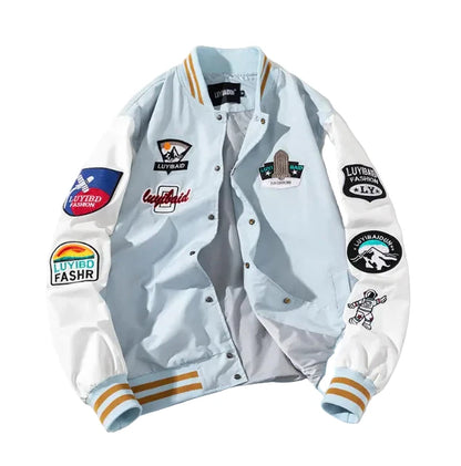 Light blue jacket with various patches 